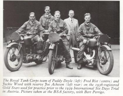 Photo of BSA mounted Royal Tank Corps team of Paddy Doyle [EOG 20], Fred Rist and Jackie Wood [EOG 22] with Joe Acheson and former ISDT legend and now BSA Factory staffer Bert Perrigo