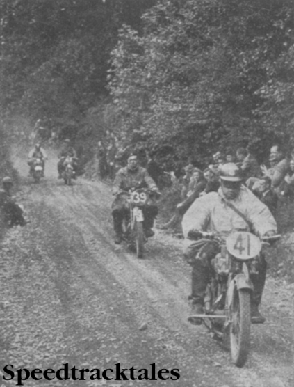Photo C Geffers (241 Hercules) leading B Stronge (246cc Matchless) and two other competitors up the long steep gradient of the Allt-y-Bady, which was tackled just before the lunch stop on the monday