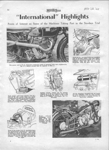 Image of scanned page from 'the Motor Cycle' 15 July 1937 featuring some of the points of interest in competitors machinery ISDT 1937