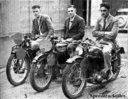 Photo - Great Britain 'A' Vase team l-r A Jeffries (349 Triumph) [CRW 828] J Williams (348 Norton) [DDE 590] and LJ Heath (497 Ariel) [DOE 261] ISDT 1937 (Speedtracktales collection)