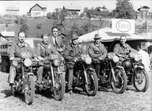 Photo - #183 Bob Ray #251 WJ Stoker Royal Enfield 692 #233 Hugh Viney AJS 498 #213 S B Manns Matchless 498 #242 Jim Alves Triumph 649 in the British Trophy team for the Austrian ISDT 1952