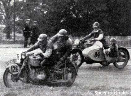 Photo #126 W Reinhardt (BMW sc) the only sidecar man to win a gold having a scrap with #84 WS Waycott (Velocette sc) at Donnington ISDT 1938 (Speedtracktales Collection)