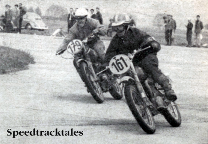 Photo - Dicemanship in the speed test: Swedens's #161 Rolph Tibblin (250 Husqvarna) leads West German Manfred Shiek (250 Maico)