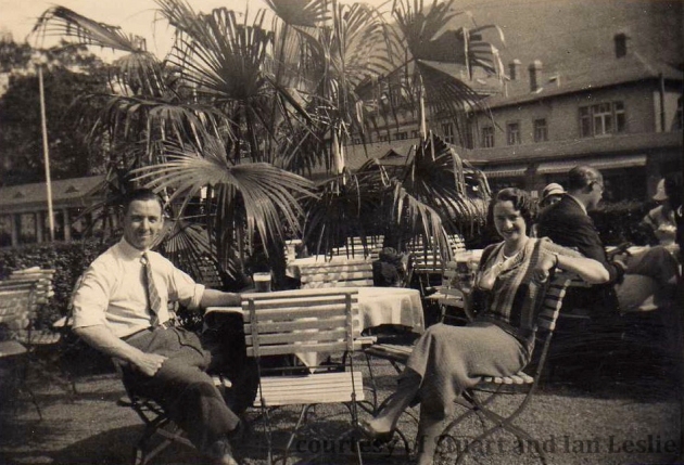 Photo - Jack and Helen sample the local German beer  ISDT 1934 (Courtesy Stuart and Ian Leslie Collection)