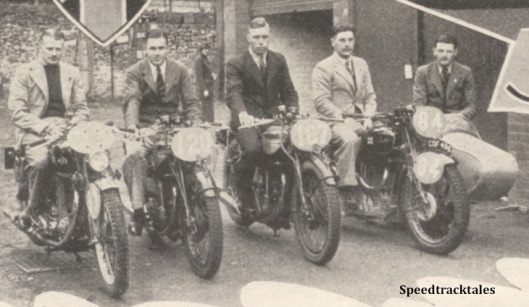 Photo - GB Trophy Team on 350's GE Rowley (AJS) #120 J Williams and #167 VN Brittain (Nortons) and #84 WS Waycott (598 Velocette sc) with V Munday - ISDT 1938 (image courtesy Morton Media)